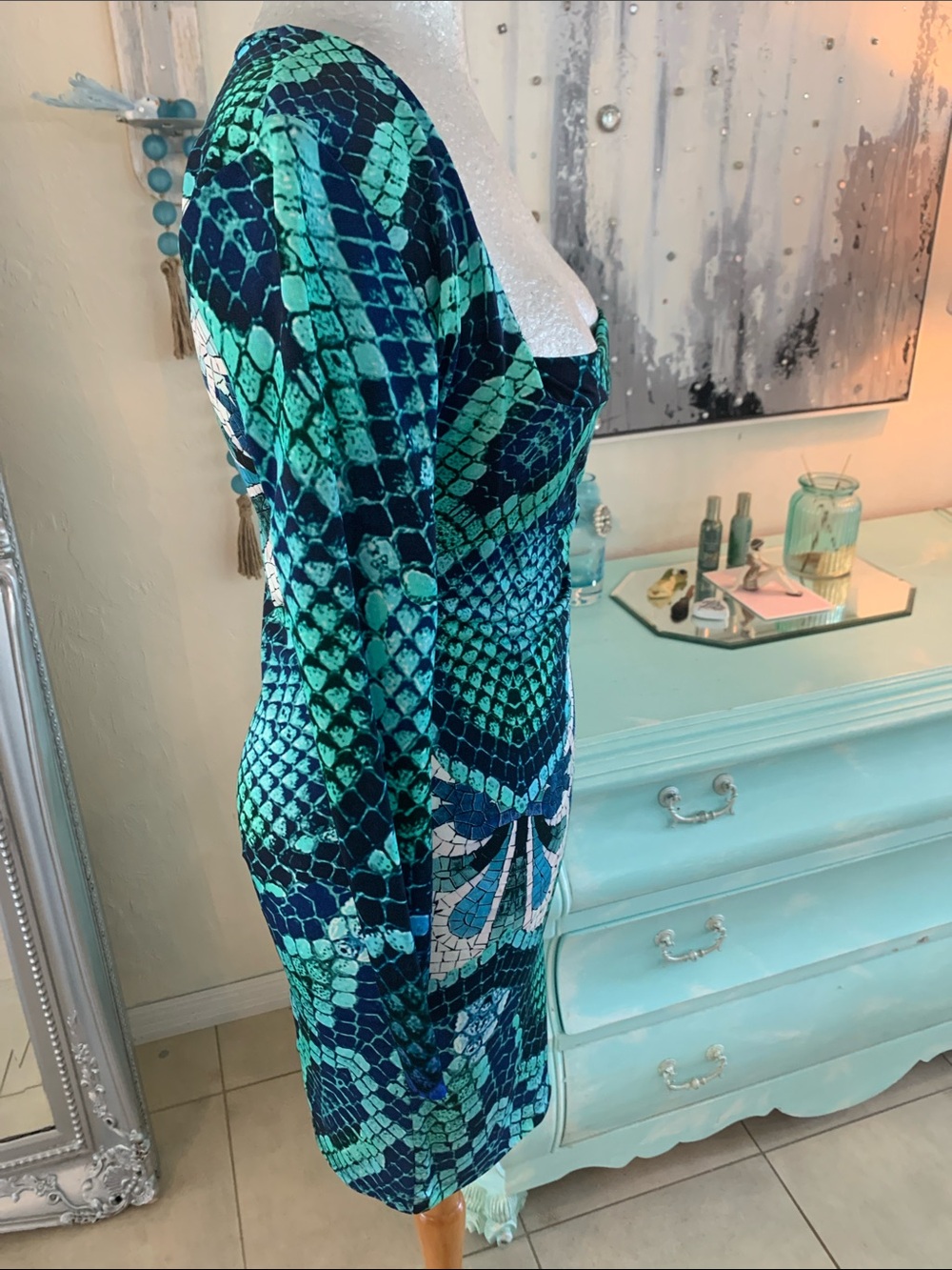 Just Cavalli turquoise and blue long sleeve low-cut girls not out dress. Size sm - Picture 7 of 8